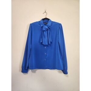 Worthington Blue Long Sleeve Button Down With‎ Neck Ruffle Womens Size 12